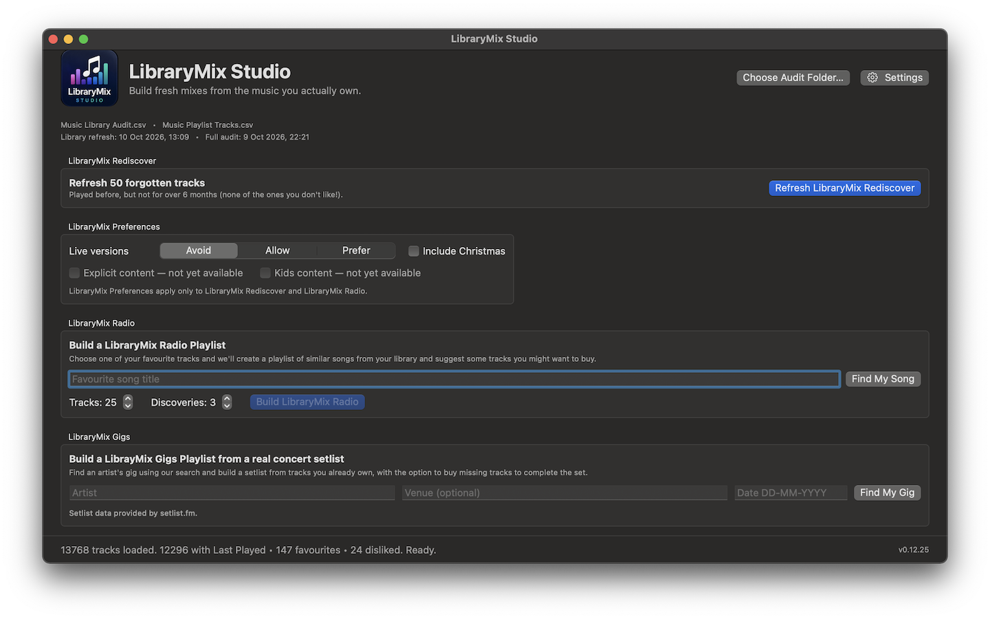LibraryMix Studio overview showing Rediscover, Radio, preferences and Gigs