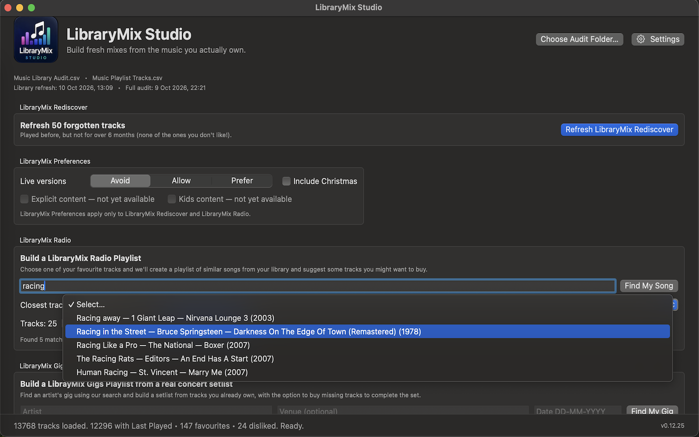LibraryMix Radio seed selection showing matching tracks for Racing
